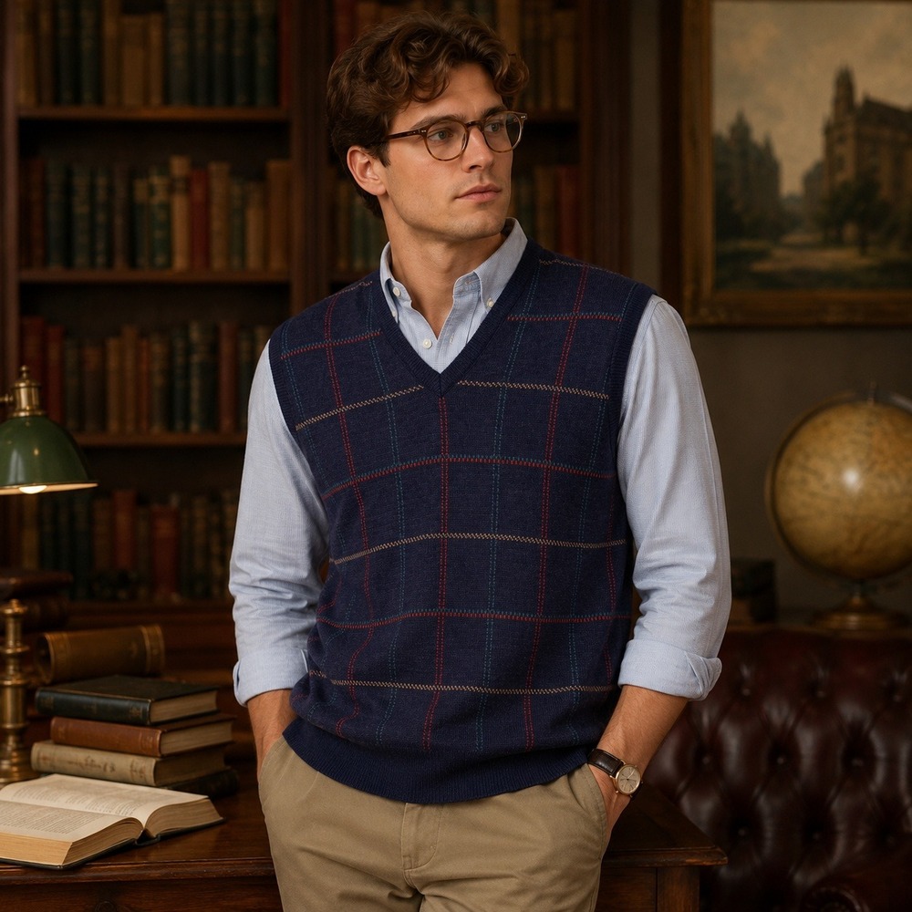 Vintage Robert Bruce Mens Sweater Vest XL Navy Windowpane Golf Grandpa Preppy